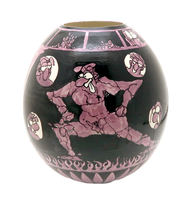 ath1281, <i>Round pot with purple figures</i>, 2019, glazed earthenware, 21x27 cm