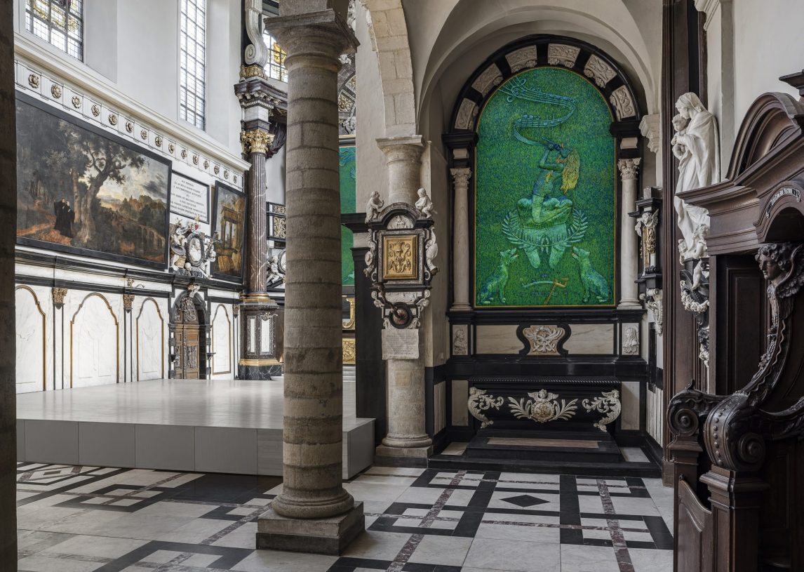 Jan Fabre, <i>The ecstatic recording</i>, 2018, Jewel Beetle wing-cases on disband, 383x244 cm. Collection: AMUZ, St Augustine's Church in Antwerp. Photographer: Attilio Maranzano