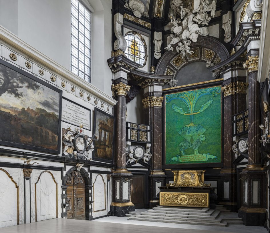 Jan Fabre, <i>The mystic contract</i>, 2018, Jewel Beetle wing-cases on disband, 566x398 cm. Collection: AMUZ, St Augustine's Church in Antwerp. Photographer: Attilio Maranzano