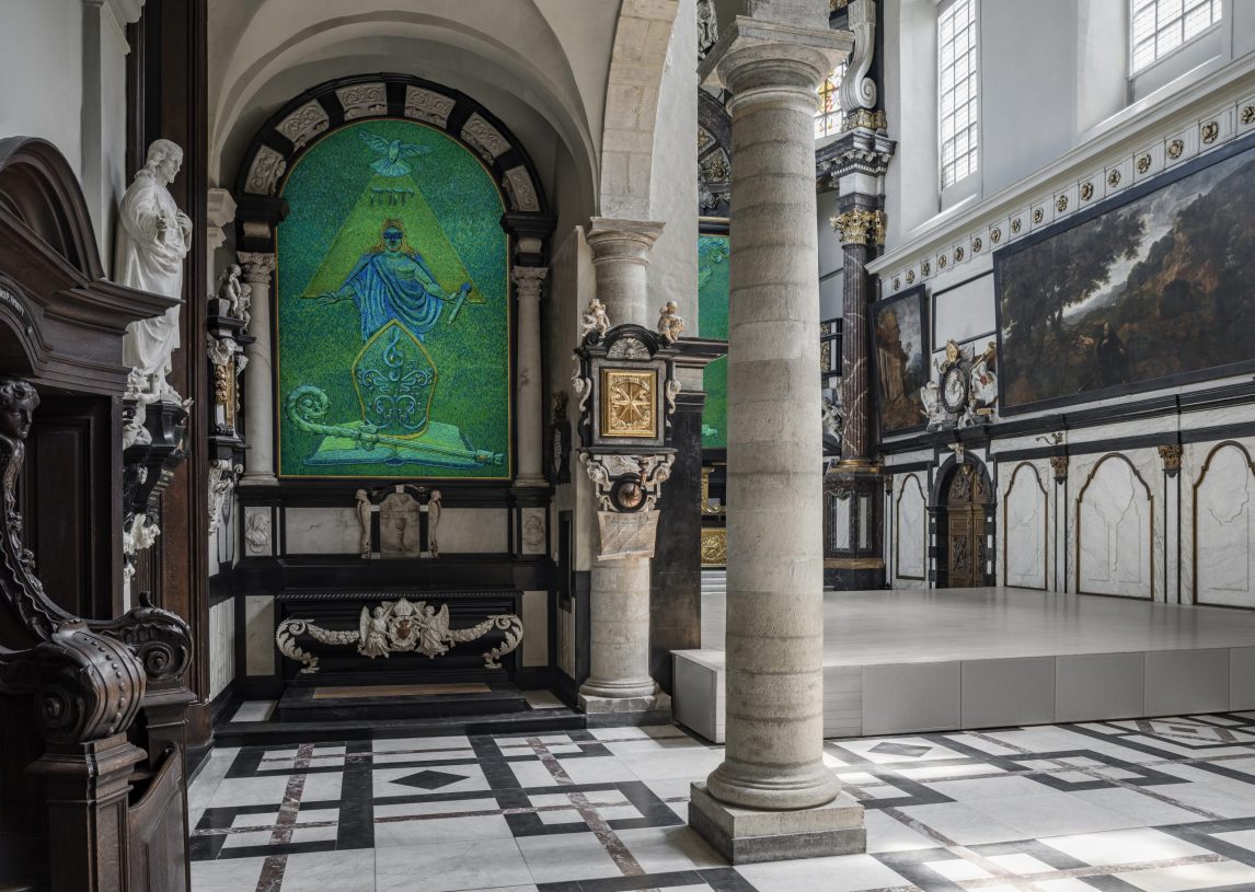 Jan Fabre, <i>The monastic performance</i>, 2018, Jewel Beetle wing-cases on disband, 398x241 cm. Collection: AMUZ, St Augustine's Church in Antwerp. Photographer: Attilio Maranzano