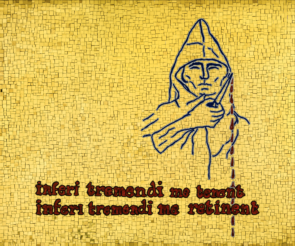 Jan Fabre, <i>Inferi tremendi me tenent</i>, 2023, from the series I am blood, 24 kt gold tiles and smalti, 120,5x100,5x2 cm