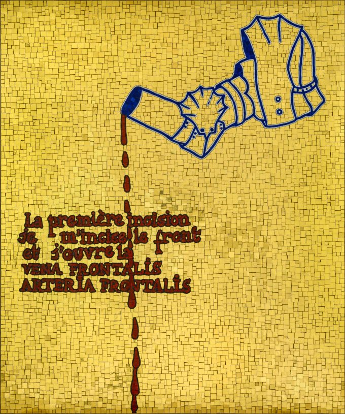 Jan Fabre, <i>The bleeding arm armour</i>, 2023, from the series I am blood, 24 kt gold tiles and smalti, 120,5x100,5x2 cm