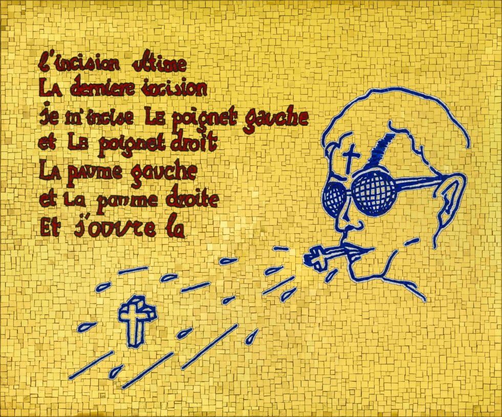 Jan Fabre, <i>The bubble blower of belief</i>, 2023, from the series I am blood, 24 kt gold tiles and smalti, 120,5x100,5x2 cm