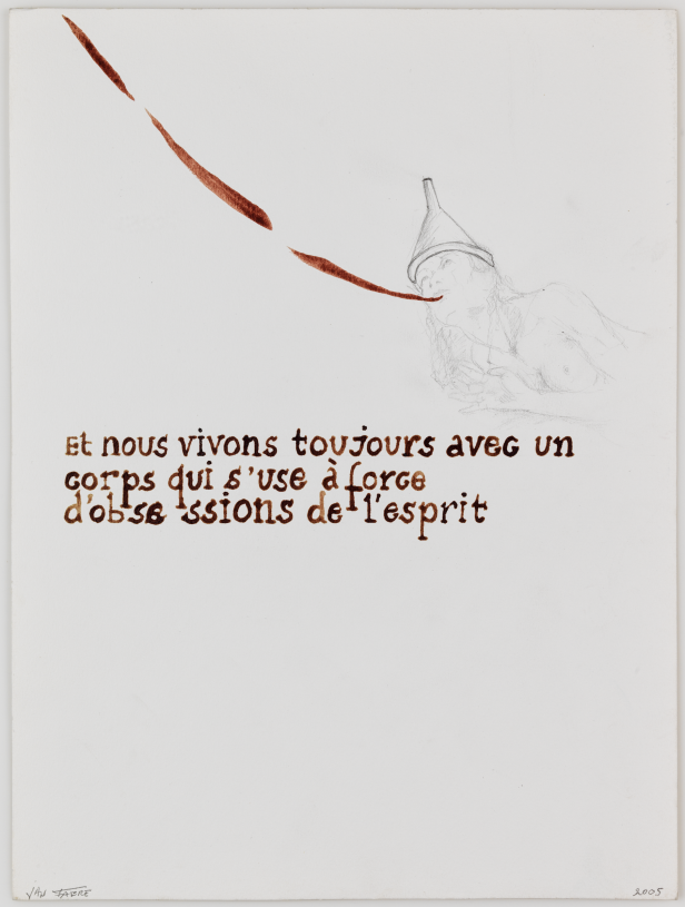 Jan Fabre, <i>Et nous vivons toujours avec un corps qui s’ use a force d’obsessions de l’esprit</i>, 2005, from the series Je suis sang, HB pencil and blood on paper, 56,5x46,5x3,4 cm with frame