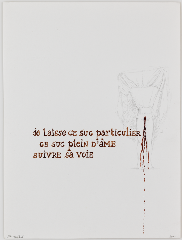 Jan Fabre, <i>Je laisse ce suc particulier...</i>, 2005, from the series Je suis sang, HB pencil and blood on paper, 56,5x46,5x3,4 cm with frame